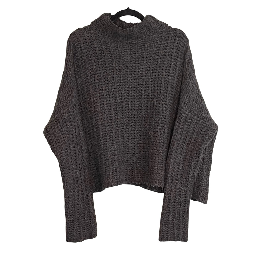 Aerie Women Charcoal Grey Wool Alpaca Blend Chunky Waffle Knit Mock Neck Sweater